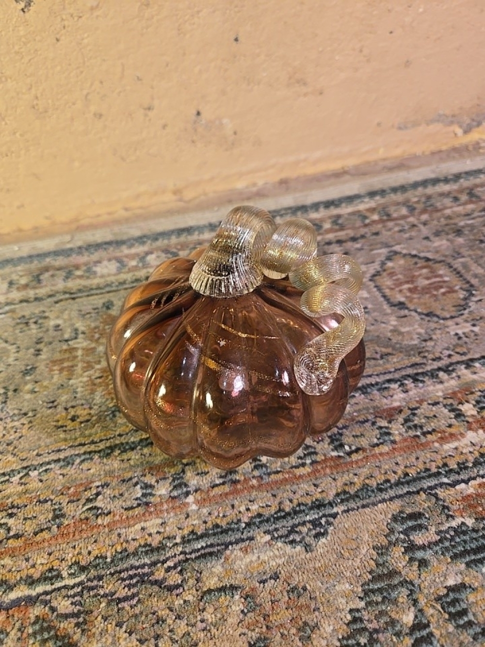 Marano Style Blown Art Glass Pumpkin Brown Amber Glittery Gold Flakes Figurine
